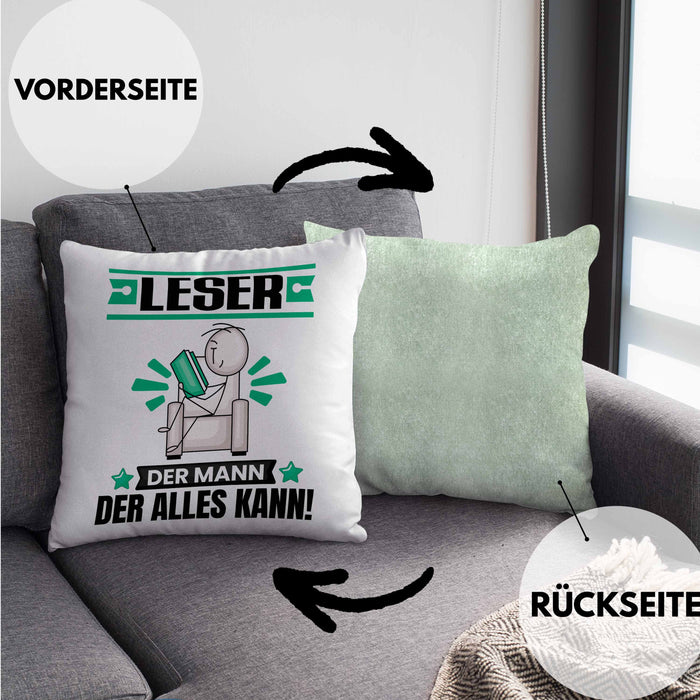 Leser Kissen mit Füllung 40x40 Geschenk für Leser Der Mann Der Alles Kann Geschenkidee zum Geburtstag (Grau) Grün Trendation
