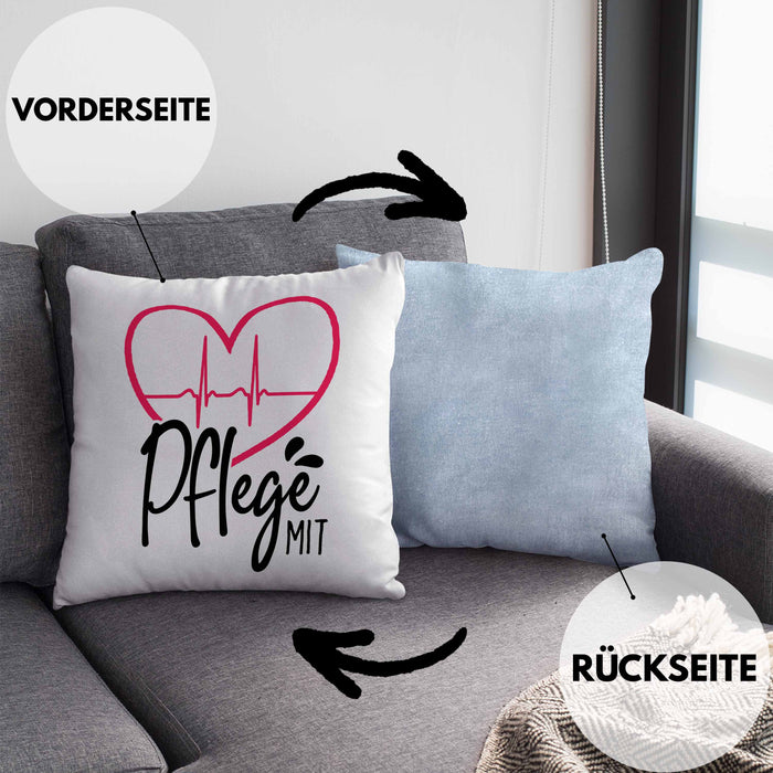 Geschenkidee Pfleger Kissen mit Füllung 40x40 "Pflege mit Herz" Grafik Pfleger Geschenk (Grau) Blau Trendation