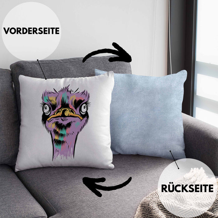 Lustige Strauß Vogel Kissen mit Füllung 40x40 Geschenk für Safari-Liebhaber (Grau) Blau Trendation