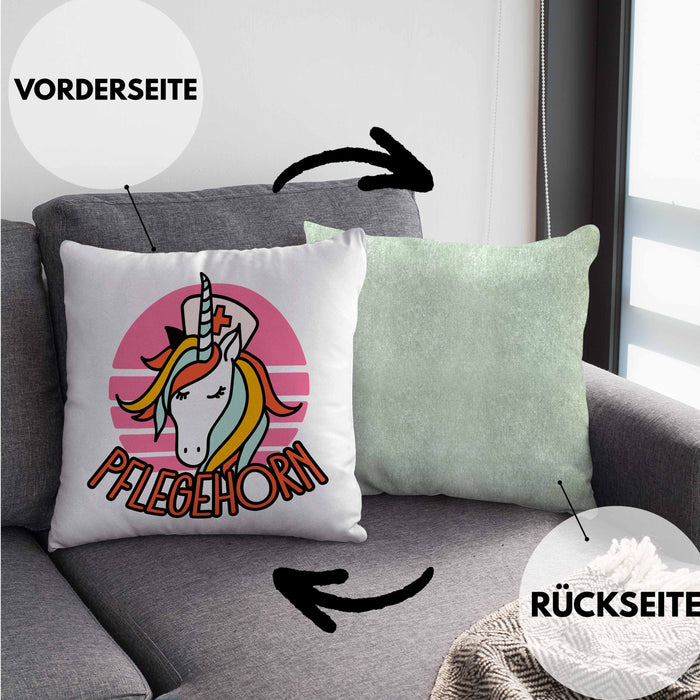 Lustige Pflege Geschenkidee für Pflegerinnen Kissen mit Füllung 40x40 Einhorn "Pflegehorn" Spruch (Grau) Grün Trendation