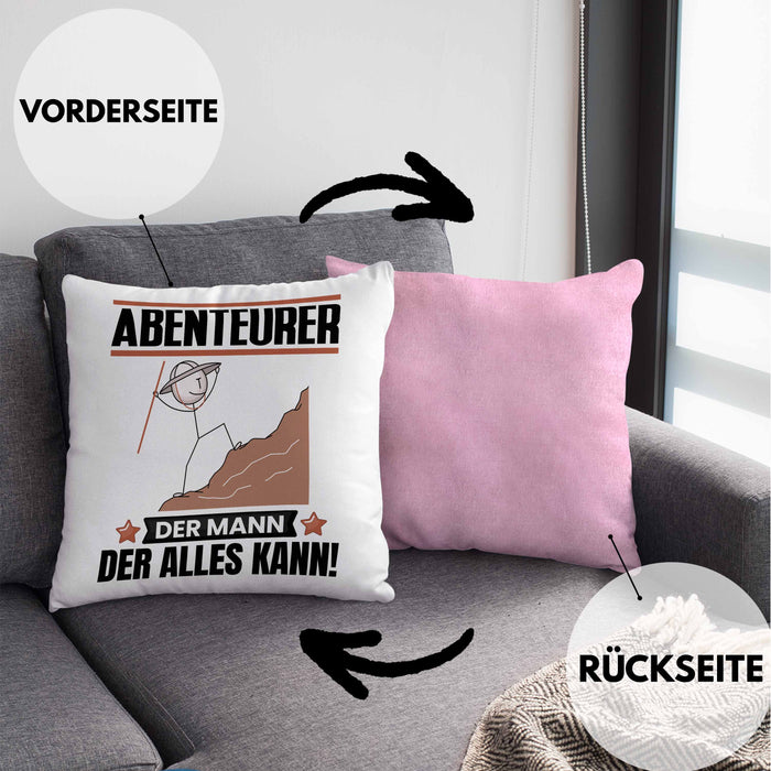 Abenteurer Kissen mit Füllung 40x40 Geschenk für Abenteurer Der Mann Der Alles Kann Geschenkidee zum Geburtstag (Grau) Rosa Trendation