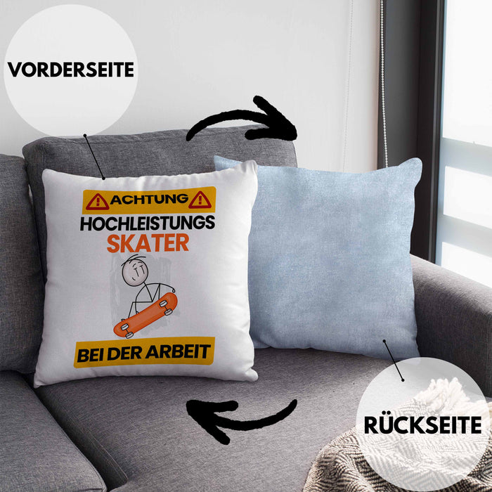 Skater Kissen mit Füllung 40x40 Geschenk Lustiger Spruch Geschenkidee für Skater Achtung Hochleistungs Skater Bei Der Arbeit (Grau) Blau Trendation