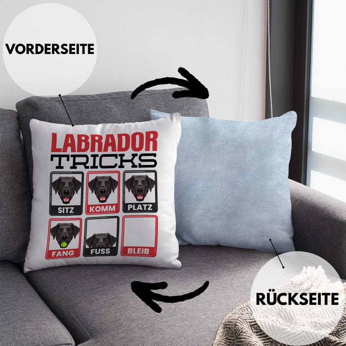 Labrador Besitzer Kissen mit Füllung 40x40 Geschenk Lustiger Spruch Geschenkidee Labrador Tricks Bleib (Grau) Blau Trendation