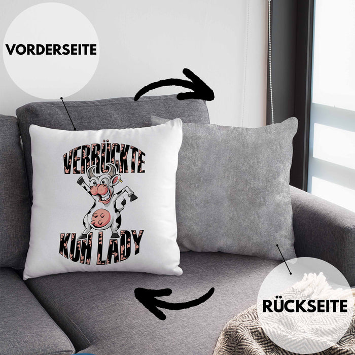 Lustige Kissen mit Füllung 40x40 Geschenk Frauen "Verrückte Kuhlady" Bauernhof Bäuerin (Grau) Grau Trendation