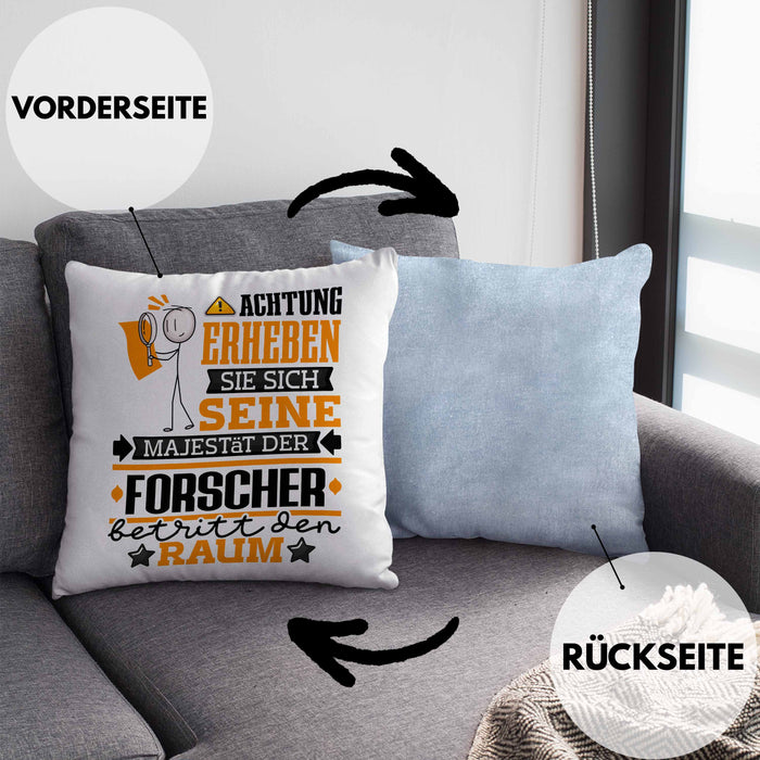 Forscher Geschenk Kissen mit Füllung 40x40 Lustiger Spruch Erheben Sie Sich Der Forscher Betritt den Raum (Grau) Blau Trendation