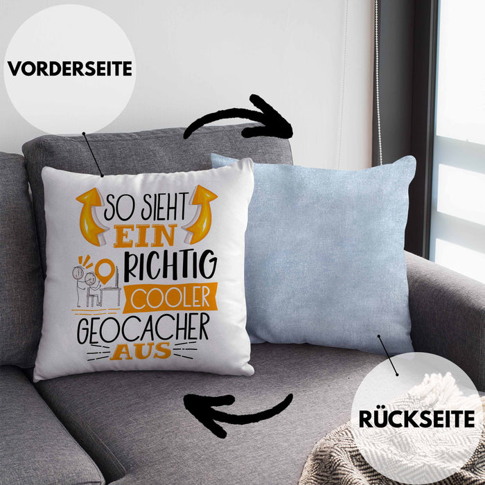 So Sieht Ein Richtig Cooler Geocacher Aus Geschenk Kissen mit Füllung 40x40 Lustiger Spruch Geschenkidee (Grau) Blau Trendation