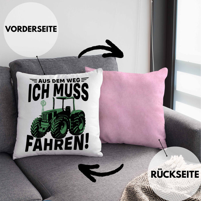 Traktor Trekker Kissen mit Füllung 40x40 Geschenk Landwirt Bauer Geschenkidee Kinder Aus Dem Weg Ich Muss Traktor Fahren (Grau) Rosa Trendation