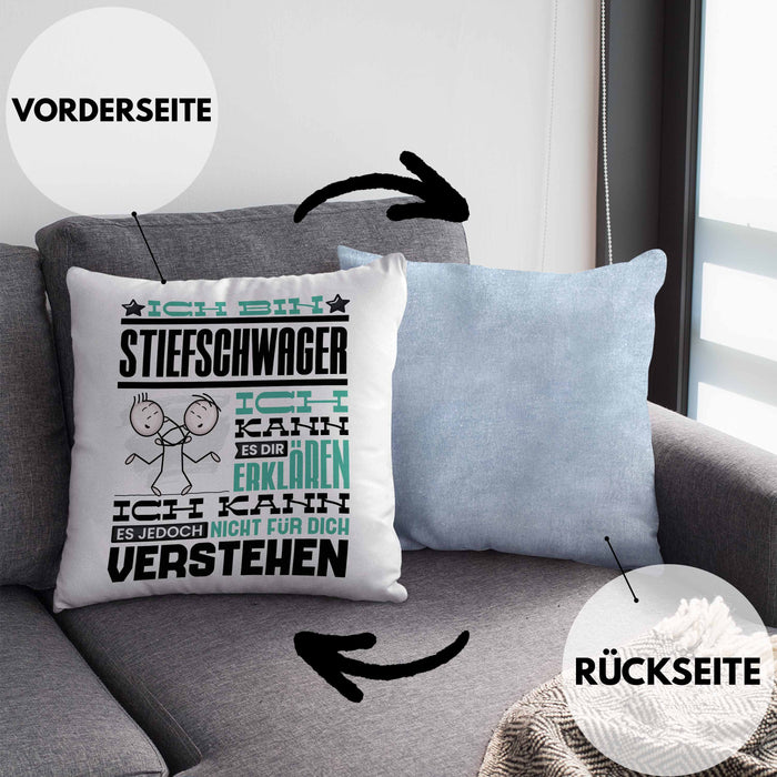 Stiefschwager Geschenk Kaffee-Kissen mit Füllung 40x40 Geschenkidee für Stiefschwager Ich Bin Stiefschwager Ich Kann Es Dir Erklären Jedoch Nicht Für Dich Verstehen Spruch Lustig (Grau) Blau Trendation