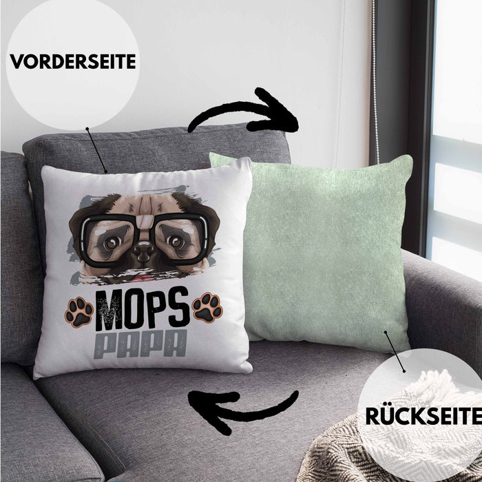Mops Papa Besitzer Kissen mit Füllung 40x40 Geschenk Lustiger Spruch Geschenkidee Mops Liebhaber (Grau) Grün Trendation