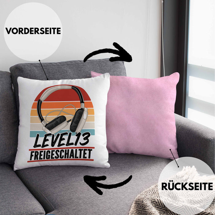 13. Geburtstag Kissen mit Füllung 40x40 Jungs Gaming Official Teenager 13er Geburtstag Geschenkidee Level 13 Freigeschaltet (Grau) Rosa Trendation