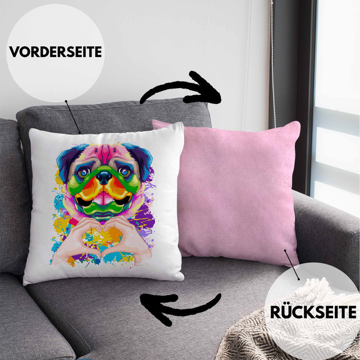 Mops Besitzer Farbe Love Kissen mit Füllung 40x40 Geschenk Lustiger Spruch Geschenkidee Mops Besitzerin (Grau) Rosa Trendation