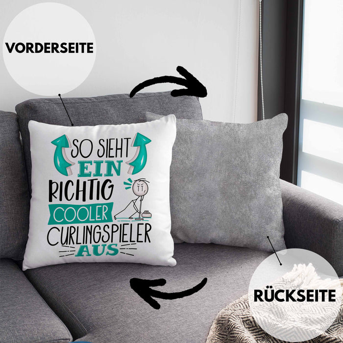 Curlingspieler Kissen mit Füllung 40x40 Geschenk So Sieht Ein RIchtig Cooler Curlingspieler Aus Geschenkidee Lustiger Spruch Geburtstag Curling Spieler (Grau) Grau Trendation