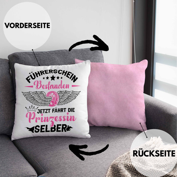 Führerschein Bestanden Kissen mit Füllung 40x40 Geschenk Frauen Mädchen Prinzessin Geschenk zum Bestandenden Führerschein (Grau) Rosa Trendation