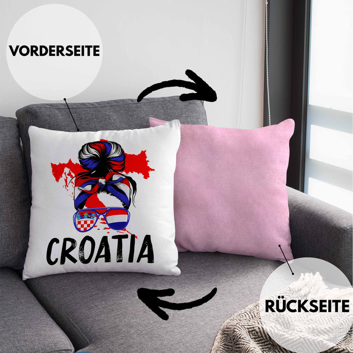 Croatia Kissen mit Füllung 40x40 Geschenk für Kroatische Frau Heimat Kroatien Geschenkidee (Grau) Rosa Trendation