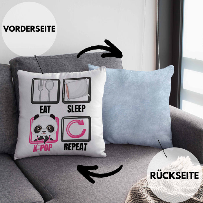Eat Sleep K-Pop Kissen mit Füllung 40x40 Geschenk Koreanische Musik Kpop Geschenkidee Spruch (Grau) Blau Trendation