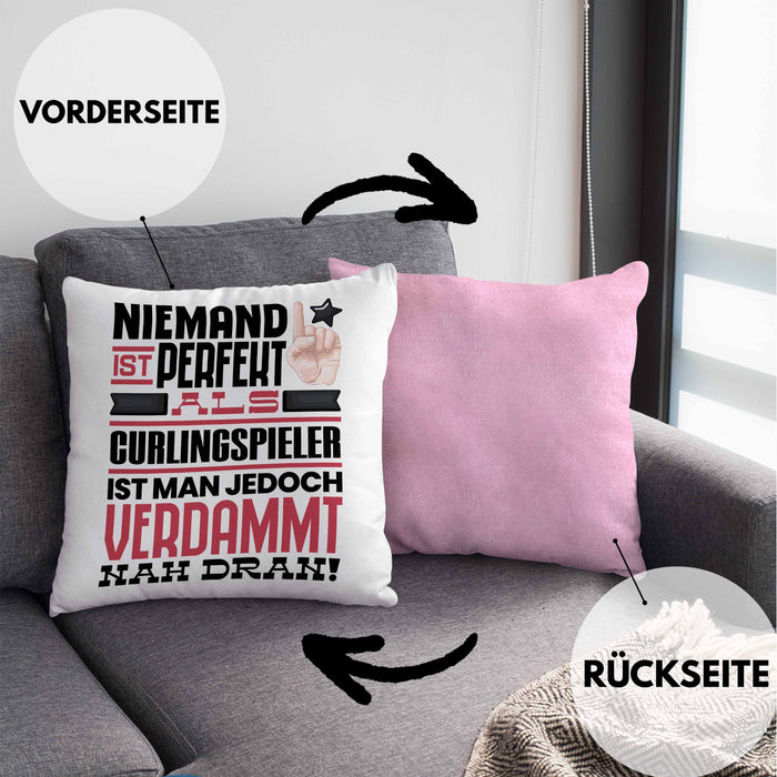 Curlingspieler Geschenk Kissen mit Füllung 40x40 Lustige Geschenkidee für Curlingspieler Geburtstag Niemand Ist Perfekt Aber Als Curlingspieler Ist Man Nah Dran (Grau) Rosa Trendation