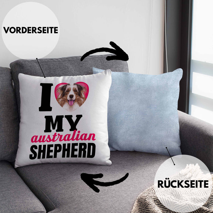 Australian Shepherd Besitzerin Kissen mit Füllung 40x40 Geschenk Lustiger Spruch Geschenkidee I Love My Australian Shepherd (Grau) Blau Trendation