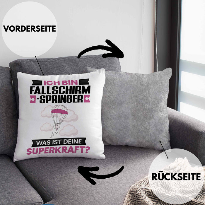 Fallschirmspringer Kissen mit Füllung 40x40 Geschenk für Fallschirmspringer Geburtstag Lustiger Spruch Was Ist Deine Superkraft (Grau) Grau Trendation