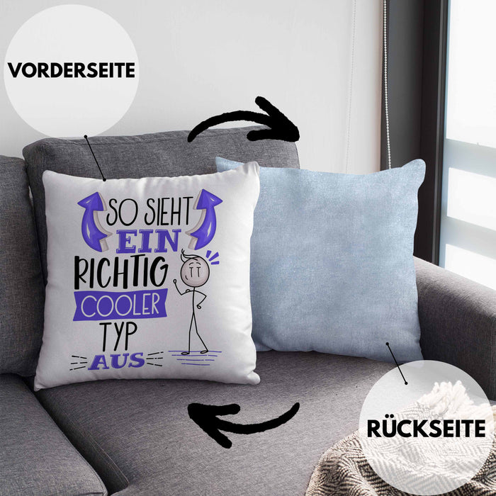 Typ Kissen mit Füllung 40x40 Geschenk So Sieht Ein RIchtig Cooler Typ Aus Geschenkidee Lustiger Spruch Geburtstag (Grau) Blau Trendation