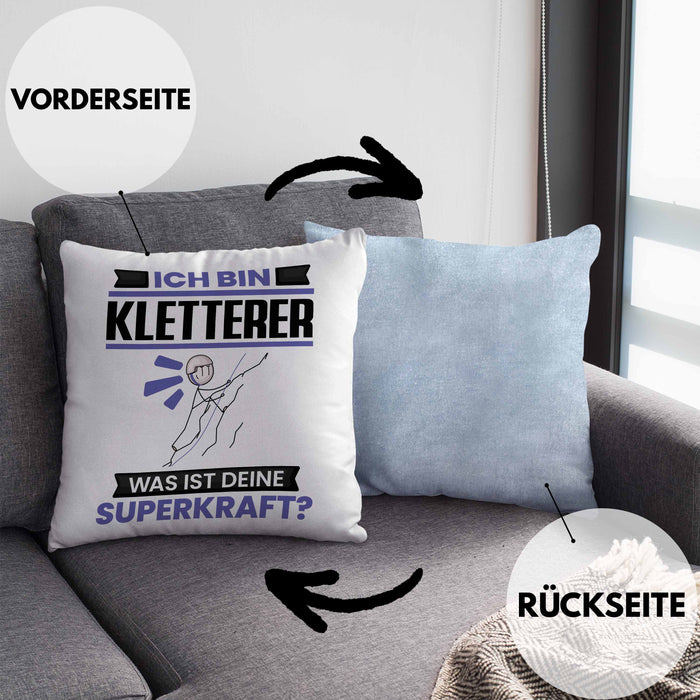 Kletterer Kissen mit Füllung 40x40 Geschenk für Kletterer Geburtstag Lustiger Spruch Was Ist Deine Superkraft (Grau) Blau Trendation