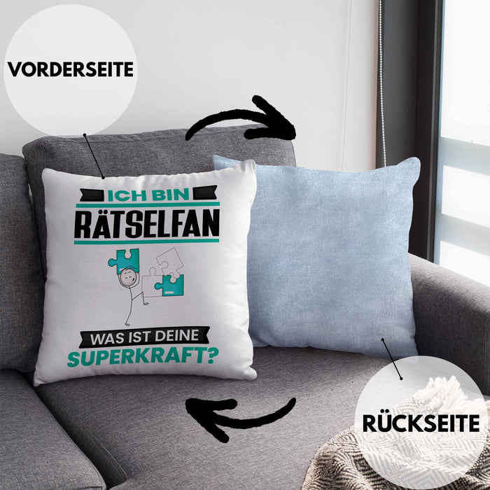 Rätselfan Kissen mit Füllung 40x40 Geschenk für Rätselfan Geburtstag Lustiger Spruch Was Ist Deine Superkraft (Grau) Blau Trendation