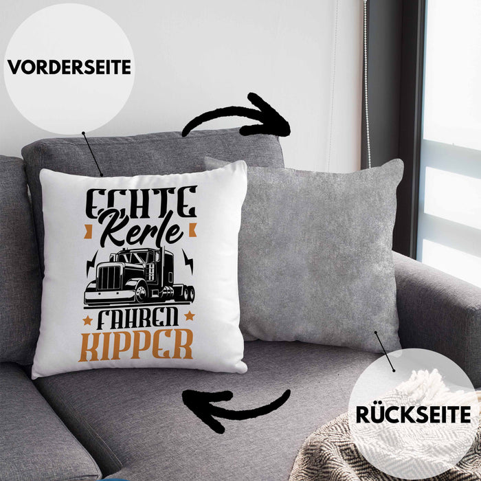 Kipper LKW Fahrer Geschenk Kissen mit Füllung 40x40 Lustiger Spruch Echte Kerle Fahren Kipper Geschenkidee (Grau) Grau Trendation