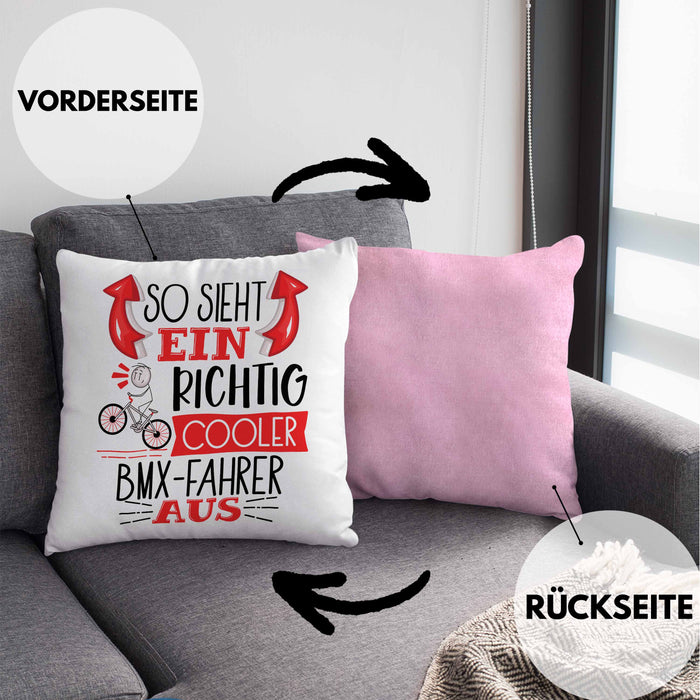 So Sieht Ein Richtig Cooler BMX-Fahrer Aus Geschenk Kissen mit Füllung 40x40 Lustiger Spruch Geschenkidee (Grau) Rosa Trendation