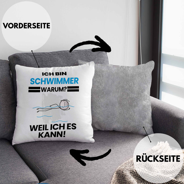 Schwimmer Geschenk Kissen mit Füllung 40x40 Lustiger Spruch Ich Bin Schwimmer Warum Weil Ich Es Kann Geschenkidee Bester Schwimmer Geburtstag (Grau) Grau Trendation