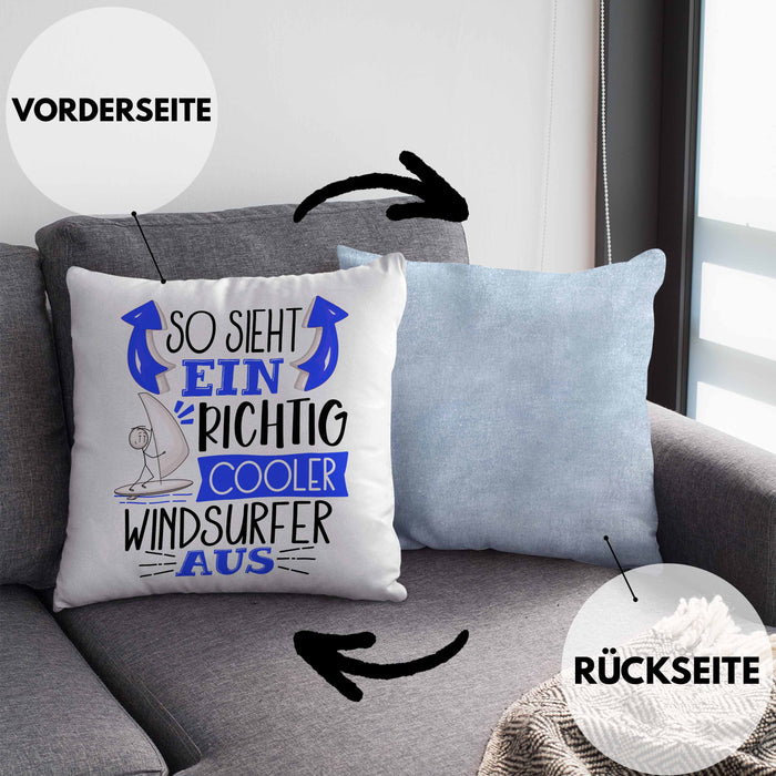 Windsurfer Kissen mit Füllung 40x40 Geschenk So Sieht Ein Richtig Cooler Windsurfer Aus Geschenkidee Spruch Lustig (Grau) Blau Trendation