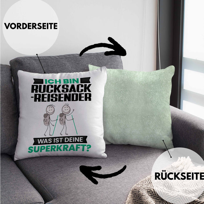 Rucksackreisender Kissen mit Füllung 40x40 Geschenk für Rucksackreisender Geburtstag Lustiger Spruch Was Ist Deine Superkraft (Grau) Grün Trendation