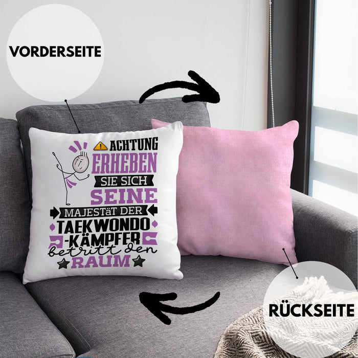 Taekwondo-Kämpfer Geschenk Kissen mit Füllung 40x40 Lustiger Spruch Erheben Sie Sich Der Taekwondo-Kämpfer Betritt den Raum (Grau) Rosa Trendation