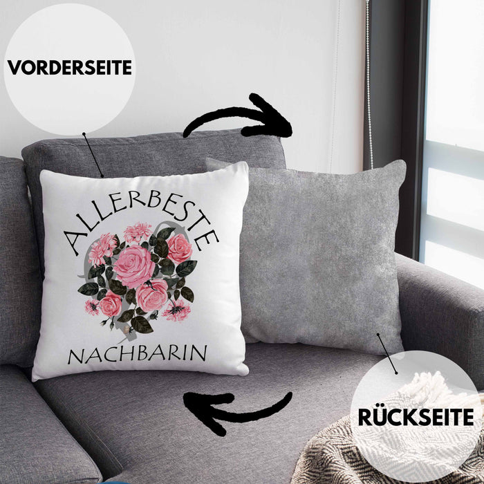 Beste Nachbarin Kissen mit Füllung 40x40 Geschenk Geburtstag Freundin Lieblings Nachbarin Geschenkidee (Grau) Grau Trendation