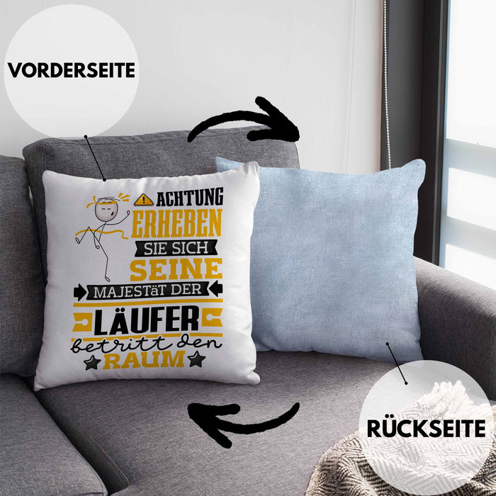 Läufer Geschenk Kissen mit Füllung 40x40 Lustiger Spruch Erheben Sie Sich Der Läufer Betritt den Raum (Grau) Blau Trendation