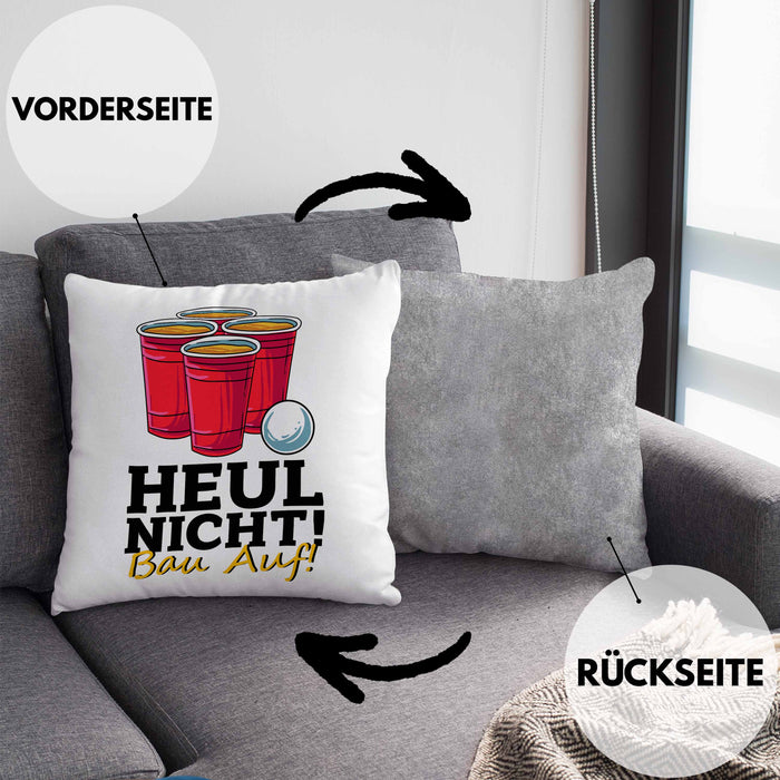 Lustige Kissen mit Füllung 40x40 "Heul Nicht Bau Auf" für Beer Pong Bierpong Fans (Grau) Grau Trendation