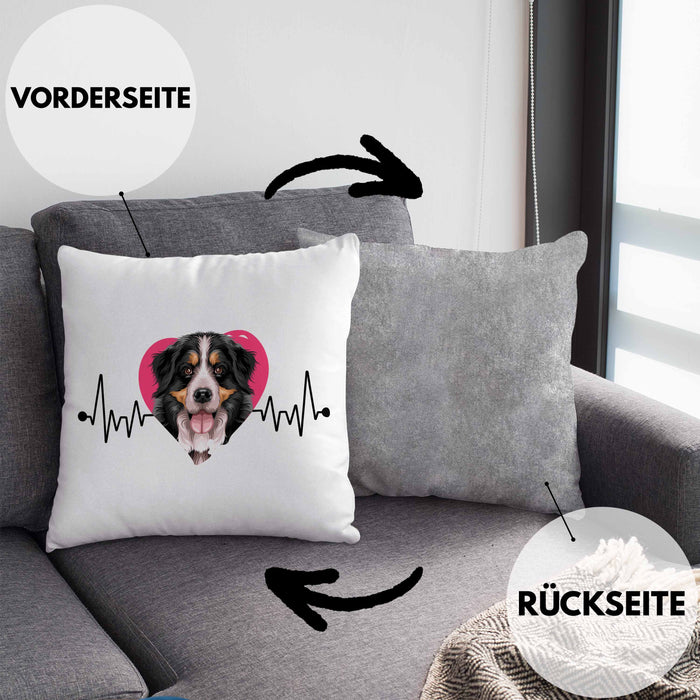 Berner Sennen Besitzer Kissen mit Füllung 40x40 Geschenk Lustiger Spruch Geschenkidee Herzschlag Berner Sennen (Grau) Grau Trendation