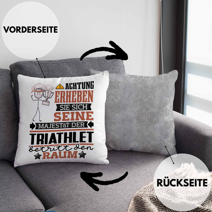 Triathlet Geschenk Kissen mit Füllung 40x40 Lustiger Spruch Erheben Sie Sich Der Triathlet Betritt den Raum (Grau) Grau Trendation