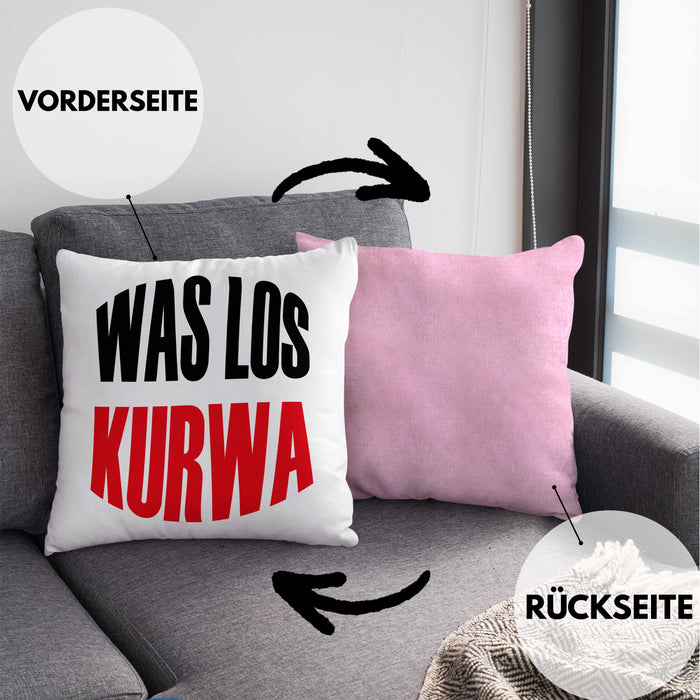Lustige Kissen mit Füllung 40x40 Spruch "Was Los Kurwa" Polen Polnisches Geschenk (Grau) Rosa Trendation