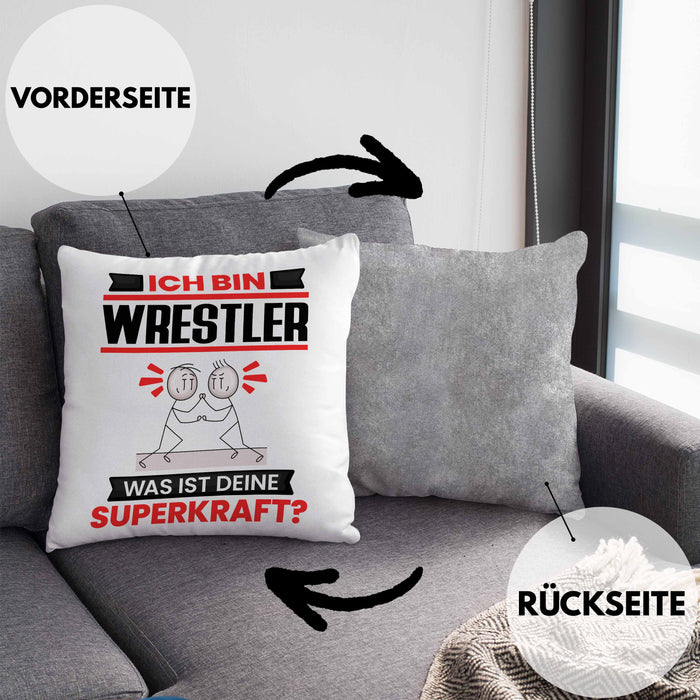 Wrestler Kissen mit Füllung 40x40 Geschenk für Wrestler Geburtstag Lustiger Spruch Was Ist Deine Superkraft (Grau) Grau Trendation