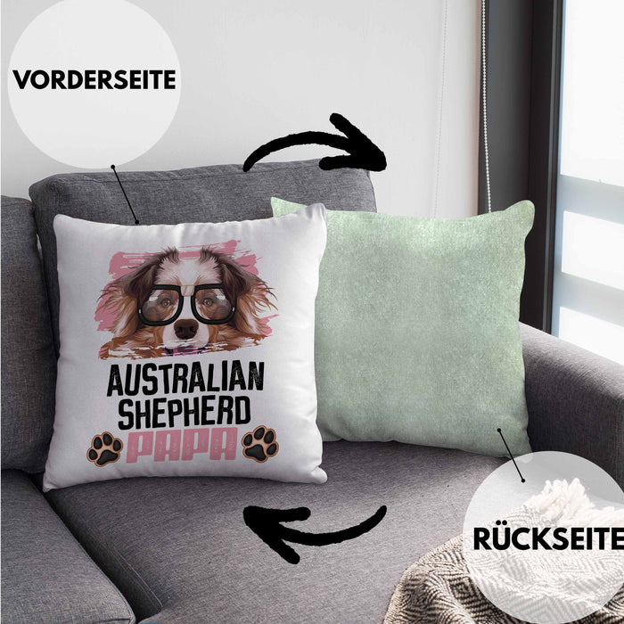Australian Shepherd Papa Besitzer Kissen mit Füllung 40x40 Geschenk Lustiger Spruch Geschenkidee Australian Shepherd Liebhaber (Grau) Grün Trendation