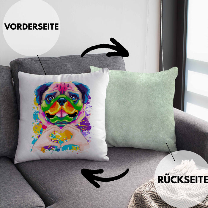 Mops Besitzer Farbe Love Kissen mit Füllung 40x40 Geschenk Lustiger Spruch Geschenkidee Mops Besitzerin (Grau) Grün Trendation
