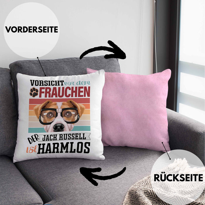 Jack Russell Besitzerin Frauchen Kissen mit Füllung 40x40 Geschenk Lustiger Spruch Geschenkidee Vorsicht Vor Dem Frauchen (Grau) Rosa Trendation