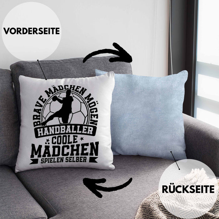 Mädchen Handball-Spielerin Kissen mit Füllung 40x40 Geschenk Spruch Echte Mädchen Spielen Handball Geschenkidee Frauen Brave Mädchen Mögen Handballer (Grau) Blau Trendation