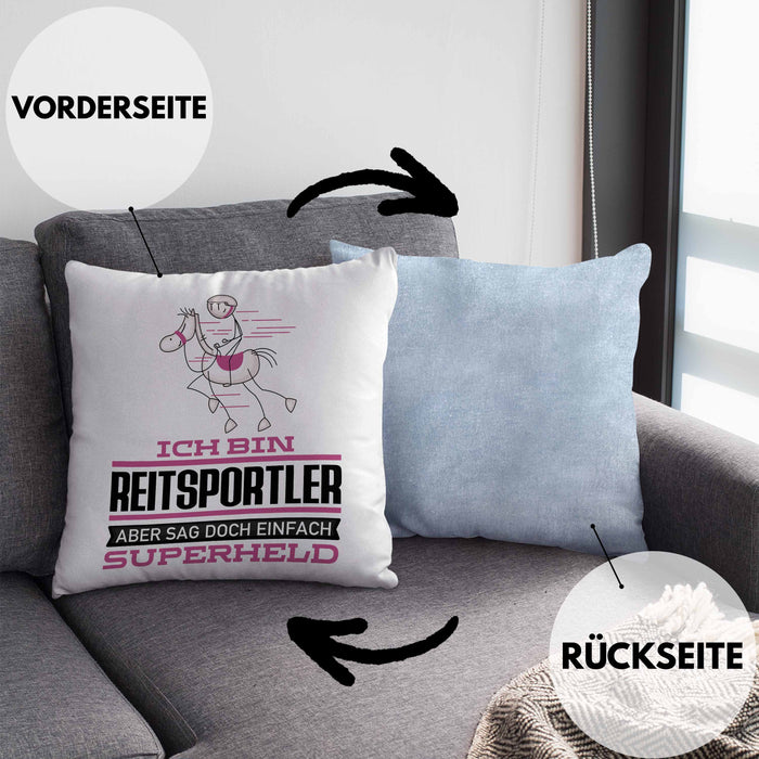 Reitsportler Geschenk Kissen mit Füllung 40x40 Ich Bin Reitsportler Aber Sag Doch Einfach Superheld Lustige Geschenkdiee für Reitsportler (Grau) Blau Trendation