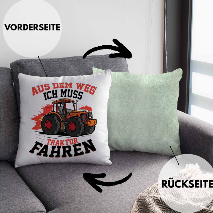 Bauer Landwirt Geschenk Kissen mit Füllung 40x40 Aus Dem Weg Ich Muss Traktor Fahren Geschenkidee Jungs (Grau) Grün Trendation