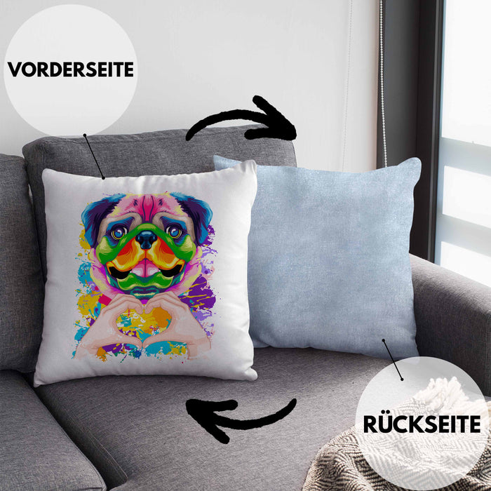 Mops Besitzer Farbe Love Kissen mit Füllung 40x40 Geschenk Lustiger Spruch Geschenkidee Mops Besitzerin (Grau) Blau Trendation