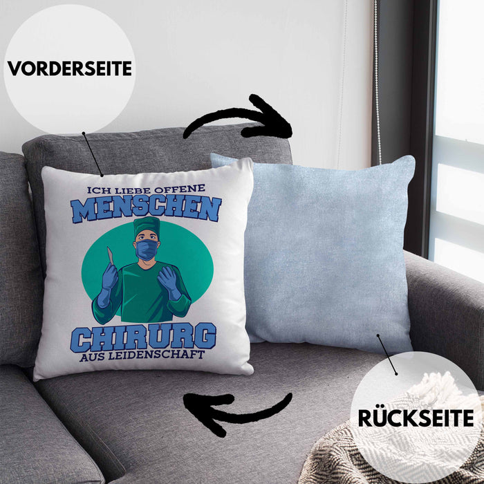 Lustige Chirurg-Kissen mit Füllung 40x40 "Ich liebe offene Menschen" Geschenk für Chirurgen (Grau) Blau Trendation