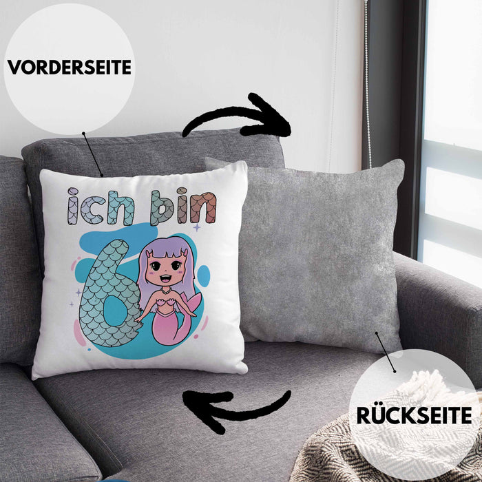 6. Geburtstag Mädchen Geschenk Meerjungfrau Geschenk Kissen mit Füllung 40x40 für Mädchen Nymphe Nixe Grafik (Grau) Grau Trendation