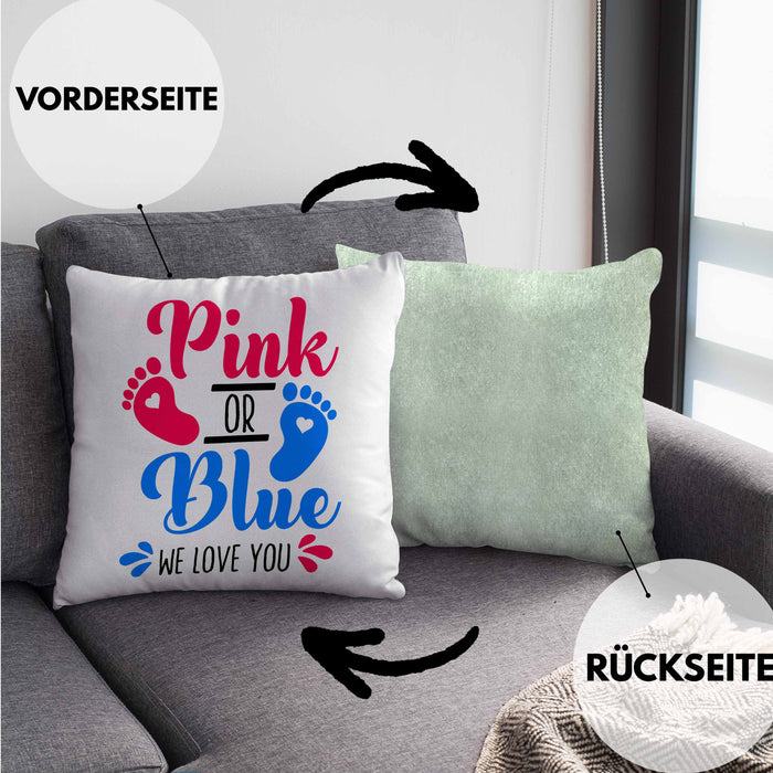 Kissen mit Füllung 40x40 Gender Reveal Geschenk Pink Or Blue We Love You Baby Überraschung (Grau) Grün Trendation