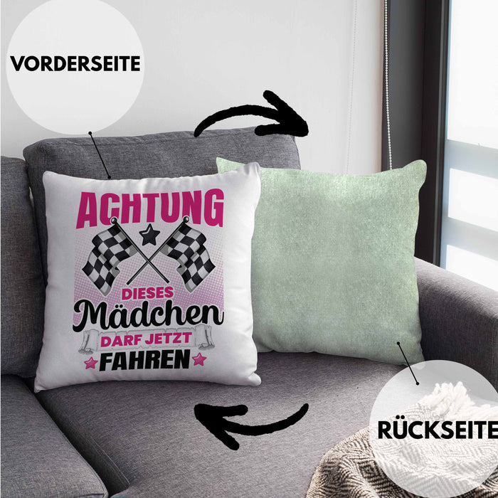 Führerschein Bestanden Geschenk Kissen mit Füllung 40x40 Bestandener Führerschein Achtung Dieses Mädchen Darf Jetzt Fahren Fahrschule (Grau) Grün Trendation