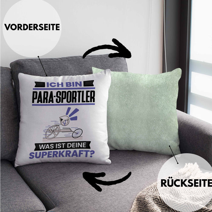 Para-Sportler Kissen mit Füllung 40x40 Geschenk für Para-Sportler Geburtstag Lustiger Spruch Was Ist Deine Superkraft (Grau) Grün Trendation